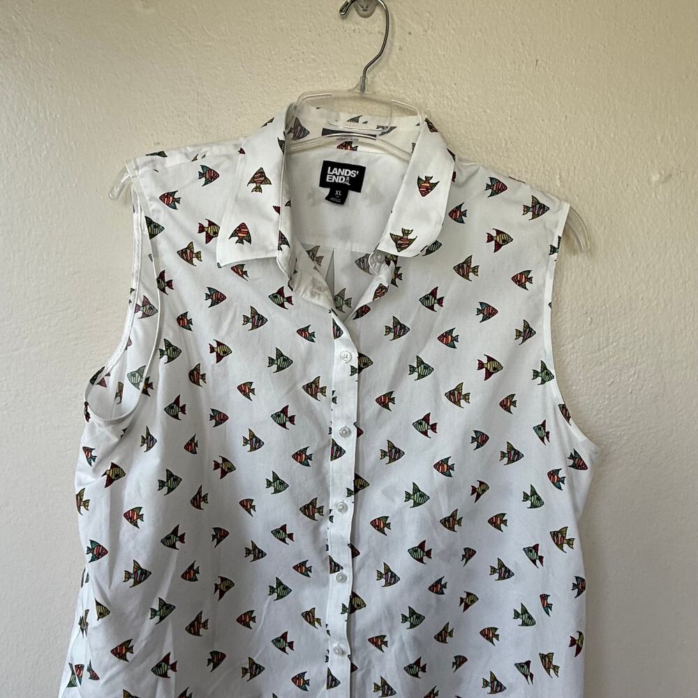 Lands' End women's white sleeveless button-down shirt all-over fish print. - Picture 3 of 8